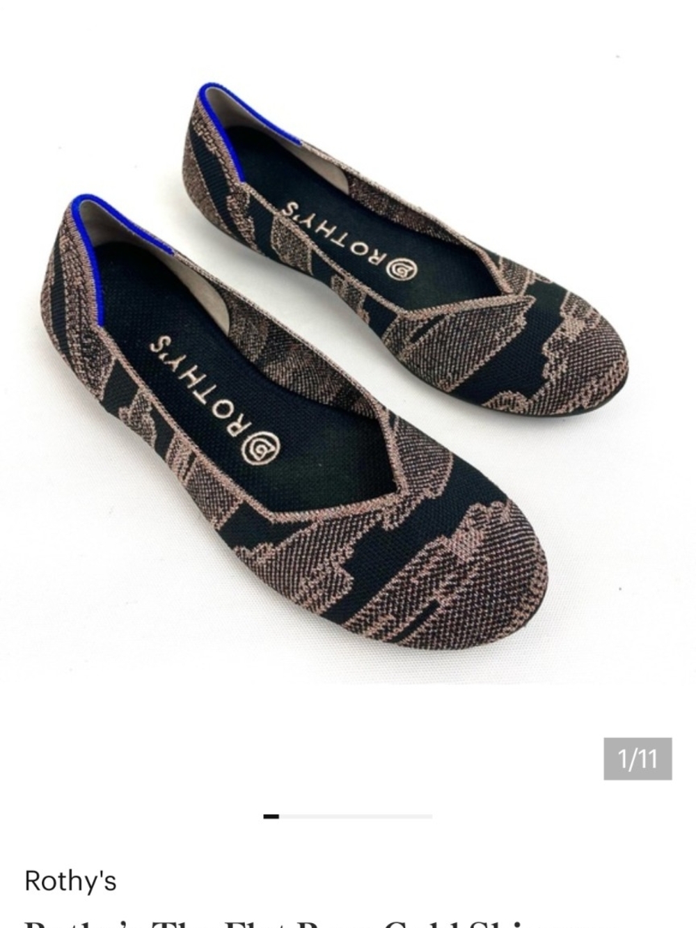 Rare Retired Rothy's Women's Black and Rose Gold Knit Pointed Ballet Flats